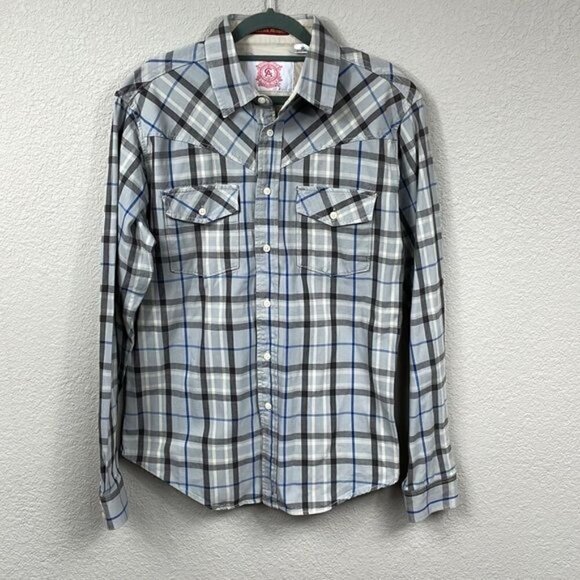 Christian Audigier Plaid Button Front Long Sleeve Flannel Shirt Gray Black Sz M - Picture 1 of 9